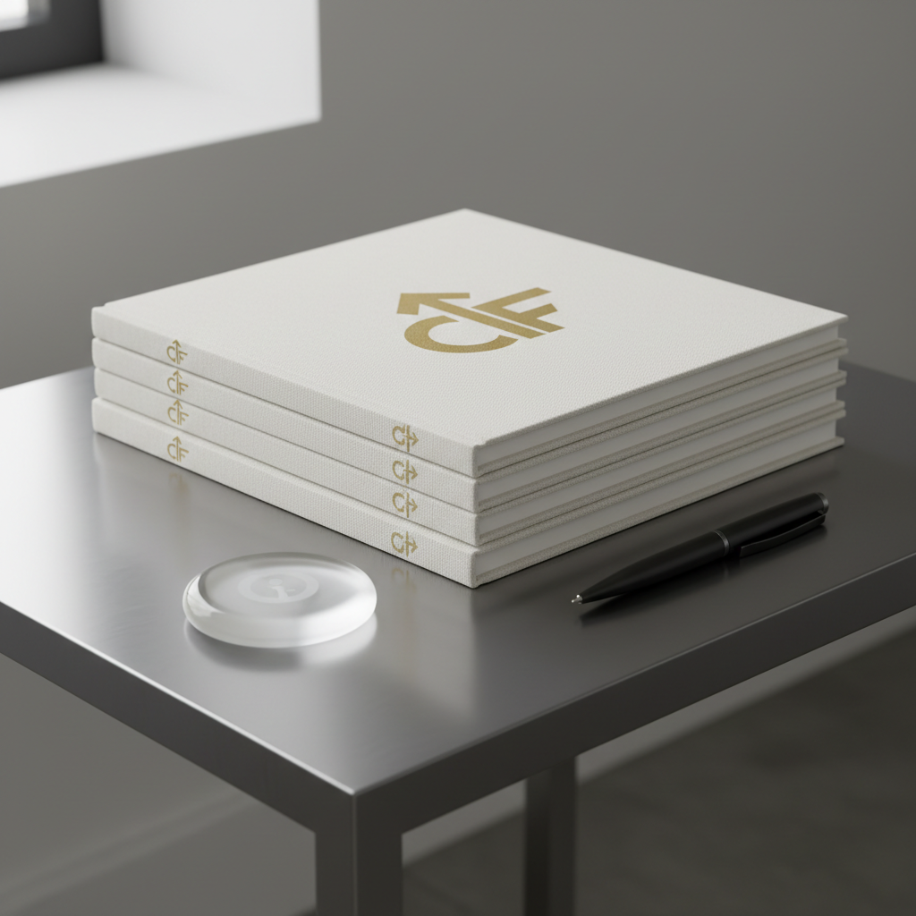 A meticulously arranged stack of ivory-white business ledgers, bound in textured linen covers and subtly embossed with gold foil logos, resting on a brushed steel desk with perfectly squared corners. The workspace is accented by a single, sculptural black pen and a smooth, frosted-glass paperweight. Soft, indirect natural light washes gently from a nearby window, creating delicate highlights on the metal and casting clean, subtle shadows beneath each object. Photographed from a slightly elevated angle to emphasize balance and order, with a minimalist, rule-of-thirds composition. The clean, neutral tones establish a calm and confident atmosphere, reinforcing professionalism and structured growth in community financial empowerment.