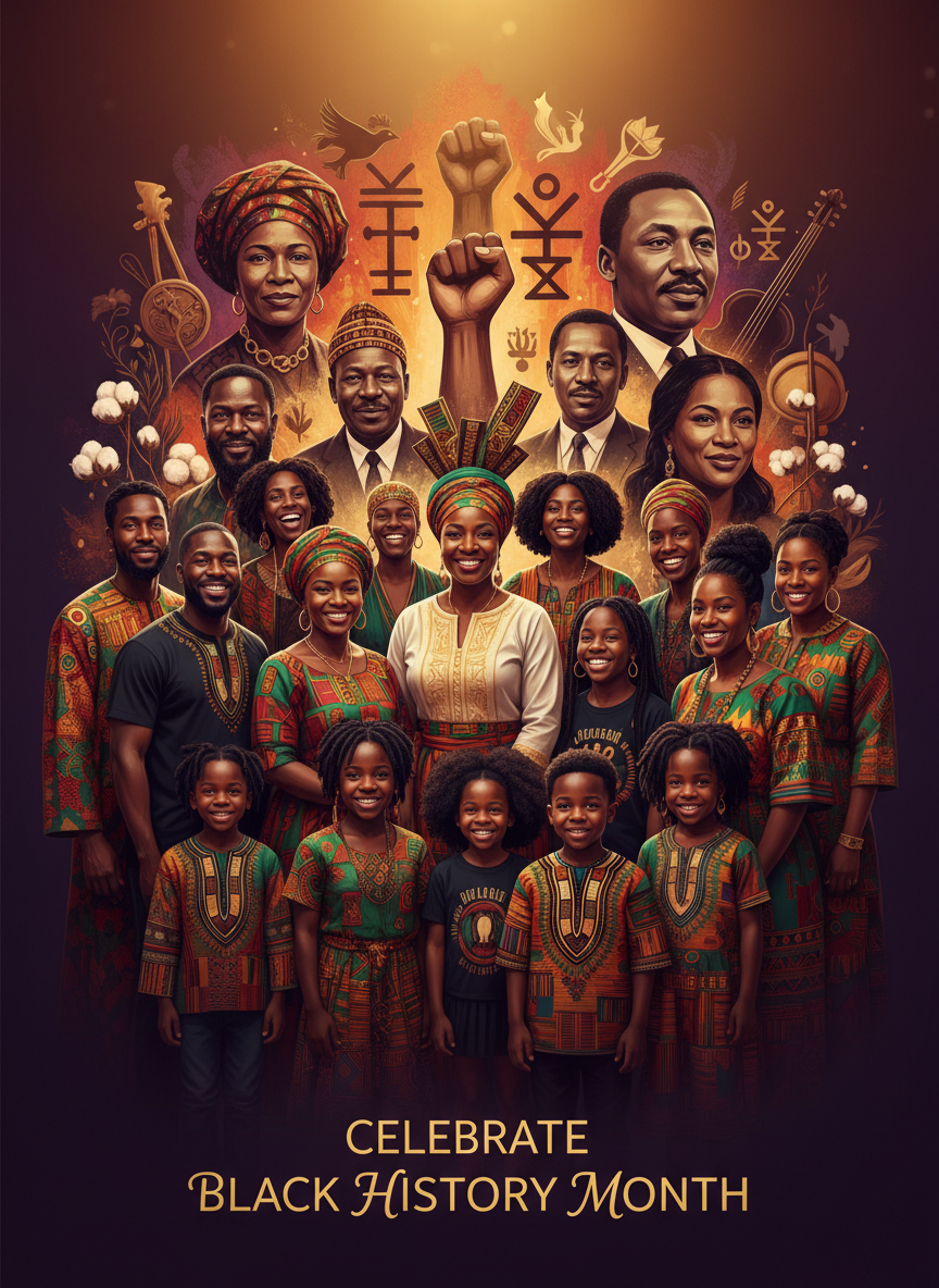 A vibrant and inspirational image celebrating Black History Month, featuring diverse people, cultural motifs, and rich, warm colors symbolizing unity, heritage, and pride.